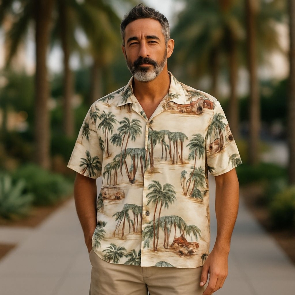 VTG RJC Hawaiian Made Shirt Mens XL Cream Green Tan Surfboards Palms Barkcloth